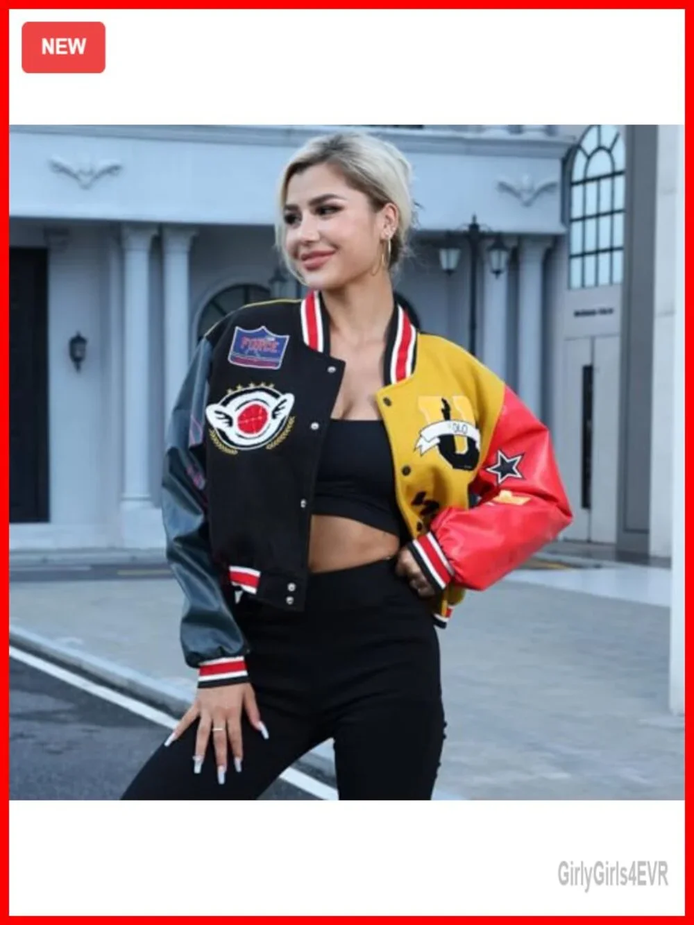 Women's Cropped Varsity Jacket Y2K Streetwear Bomber Letter Print Button Closure
